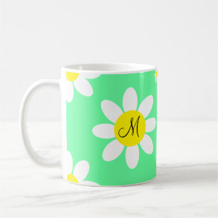 Cute Light Green and White Floral Custom Initials Coffee Mug
