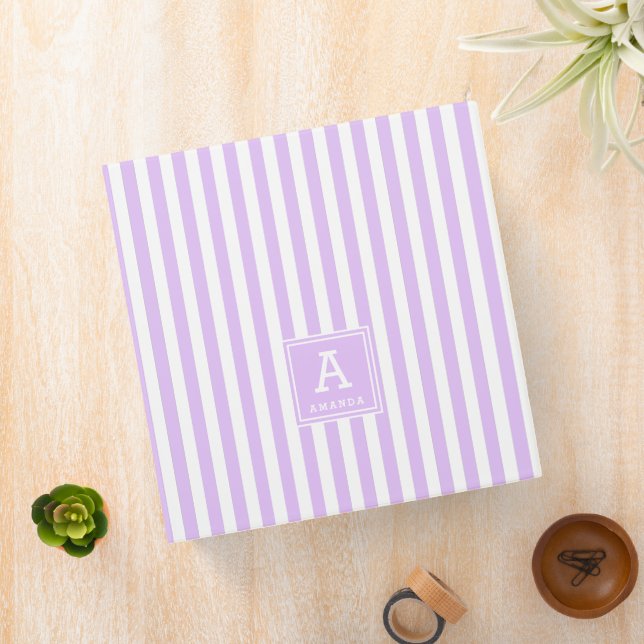 Cute Light Lavender Cabana Stripes Monogrammed Binder (In Situ)