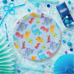 Cute Light Pastel Blue Baby Dinosaur Birthday Paper Plate