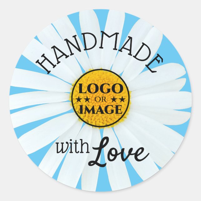 Cute Light Pastel Blue Daisy Flower Made with Love Classic Round Sticker (Front)