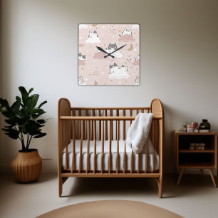Cute Light Pink Kitten Pattern Square Wall Clock