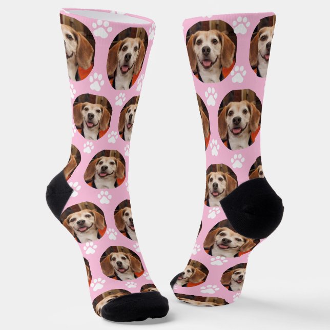 Cute Light Pink Pet Photo & Paw Prints Dog Cat Socks (Angled)