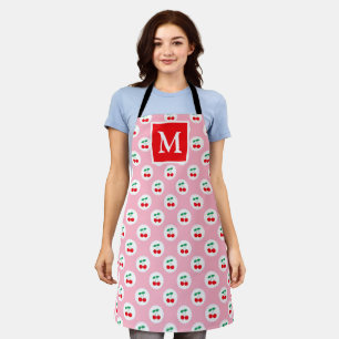 Cute Light Pink & Red Summer Cherries Monogram Apron