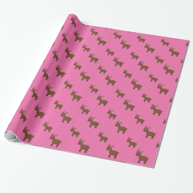 Cute light pink reindeer pattern wrapping paper (Unrolled)