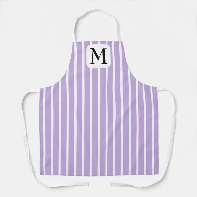 Cute Light Purple and White Stripes Single Initial Apron (Front)