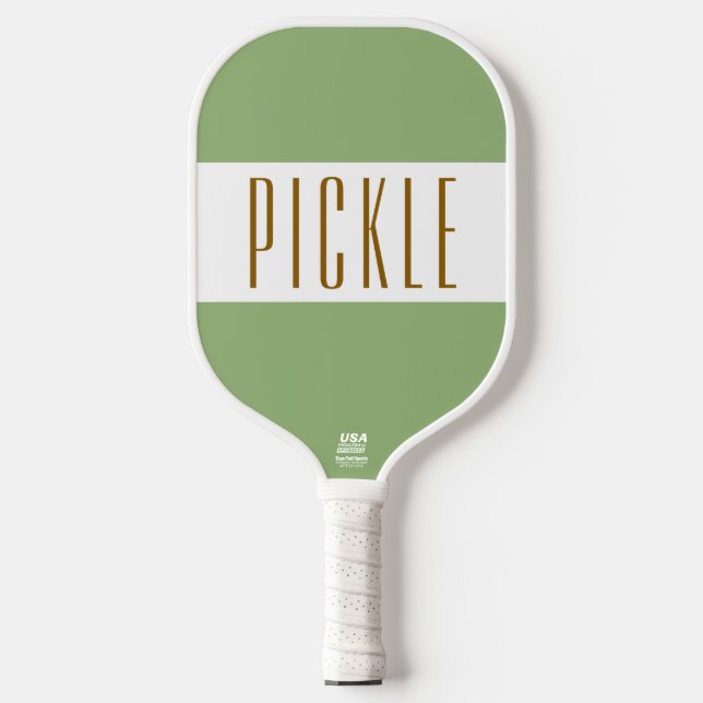 Cute Light Retro Green White PICKLE Stripes Text Pickleball Paddle (Front)