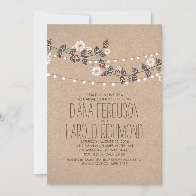 Cute Light Strings Floral Rustic Rehearsal Dinner Invitation (Front)