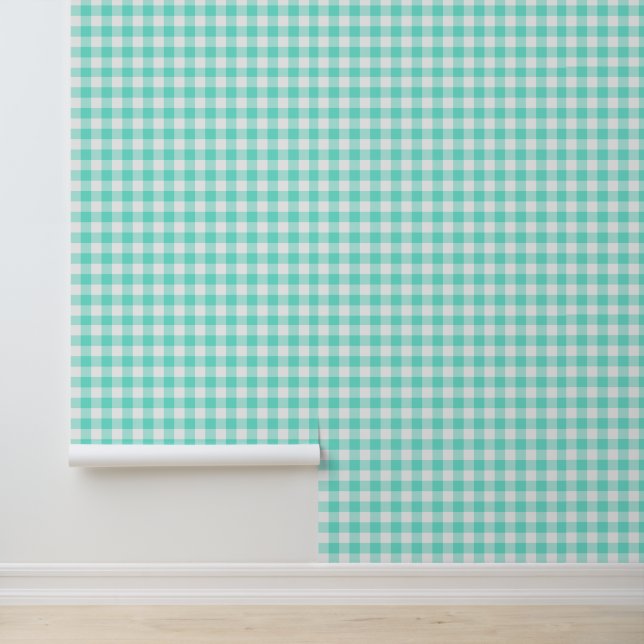 Cute Light Teal Gingham Pattern Peel and Stick Wallpaper (Application)
