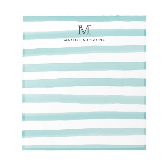 Cute Light Teal Green Watercolor Stripes Monogram Notepad (Front)