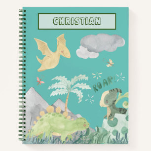 Cute Light Teal Watercolor Dinosaur Notebook