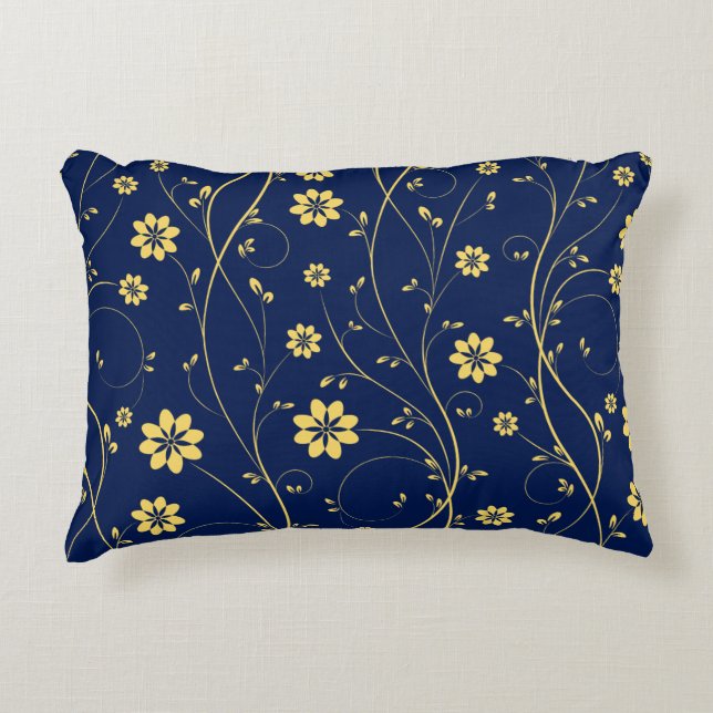Cute Light Yellow & Blue Delicate Floral Pattern Decorative Pillow (Front)