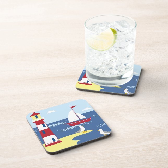 Cute Lighthouse and Boat Seaside Art Coaster (Right Side)