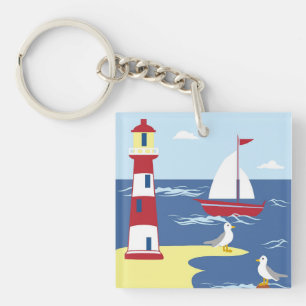 Cute Lighthouse and Boat Seaside Art Keychain