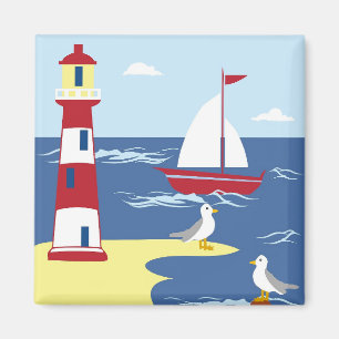 Cute Lighthouse and Boat Seaside Art Magnet