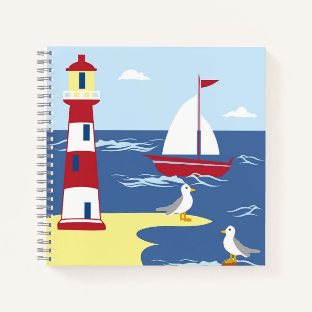 Cute Lighthouse and Boat Seaside Art Notebook (Front)