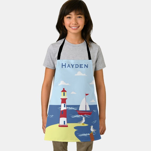 Cute Lighthouse and Boat Seaside Art Personalised Apron (Insitu)
