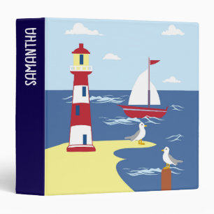 Cute Lighthouse and Boat Seaside Art Personalised Binder