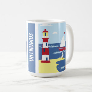 Cute Lighthouse and Boat Seaside Art Personalised Coffee Mug