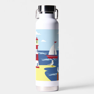 Cute lighthouse and Boat Seaside Illustration Water Bottle