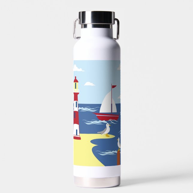 Cute lighthouse and Boat Seaside Illustration Water Bottle (Front)