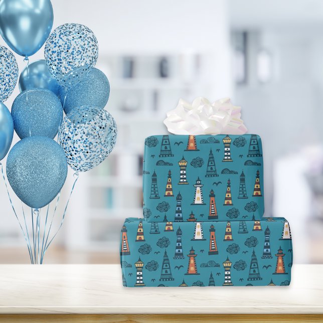 Cute Lighthouse Pattern | Dark Teal Wrapping Paper (Creator Uploaded)