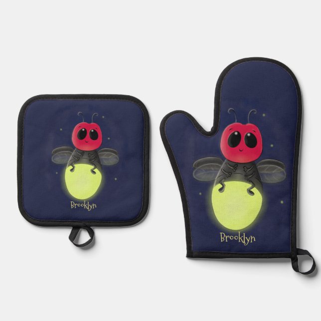 Cute lightning bug firefly cartoon illustration oven mitt & pot holder set (Front)