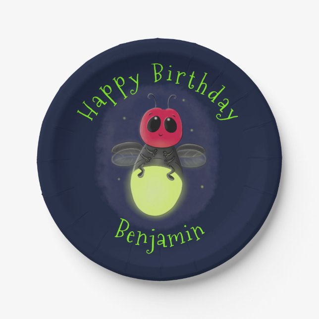Cute lightning bug firefly cartoon illustration paper plate (Front)