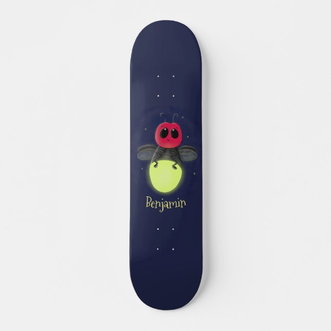 Cute lightning bug firefly cartoon illustration skateboard (Front)