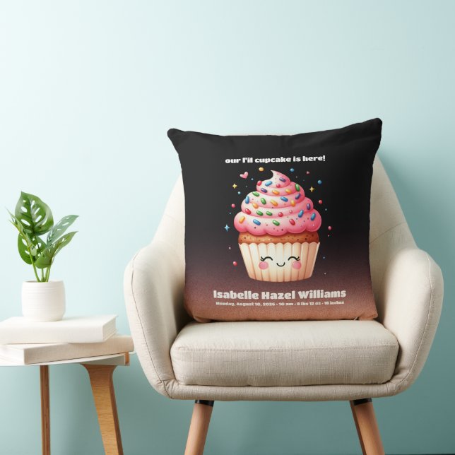 Cute L'il Cupcake Sprinkles Baby Birth Stats Natal Throw Pillow (Chair)