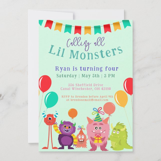 Cute lil Monster Cartoon Tal Birthday Party Invitation (Front)
