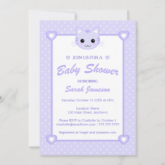 Cute Lilac Purple Cartoon Cat Kitten Baby Shower Invitation