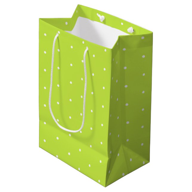 Cute lime green and white tiny polka dots pattern medium gift bag (Front Angled)