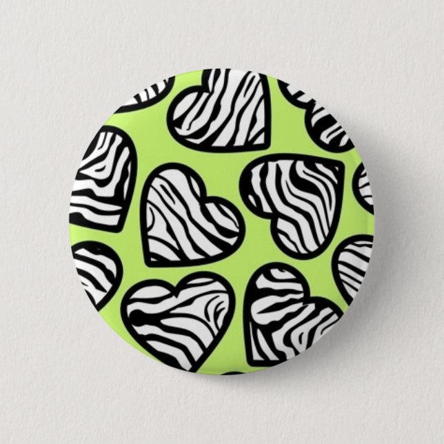 Cute lime green black white zebra pattern heart 2 inch round button (Front)