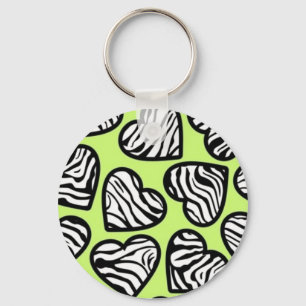 Cute lime green black white zebra pattern heart keychain