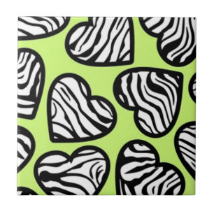 Cute lime green black white zebra pattern heart tile