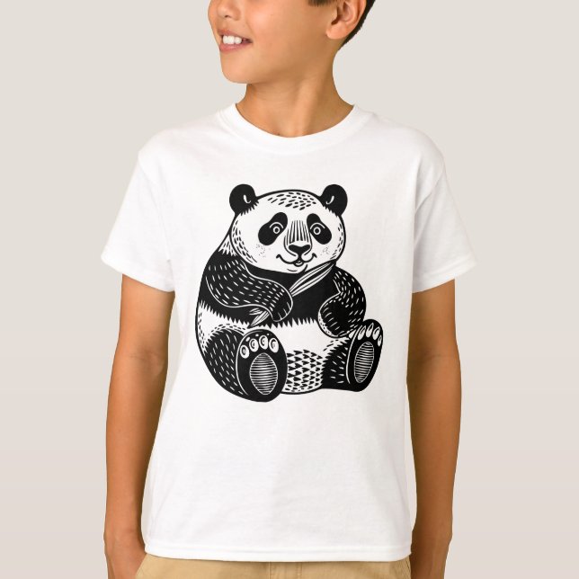 Cute Linocut Giant Panda Kids Tee (Front)