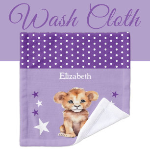 Cute lion add name polka dots stars purple wash cloth