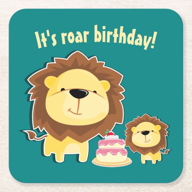 Cute Lion And Baby Cub Kids Birthday Square Paper Coaster (Front)