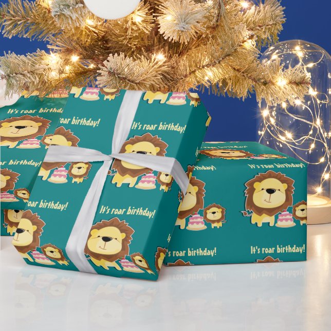Cute Lion And Baby Cub Kids Birthday Wrapping Paper (Holidays)