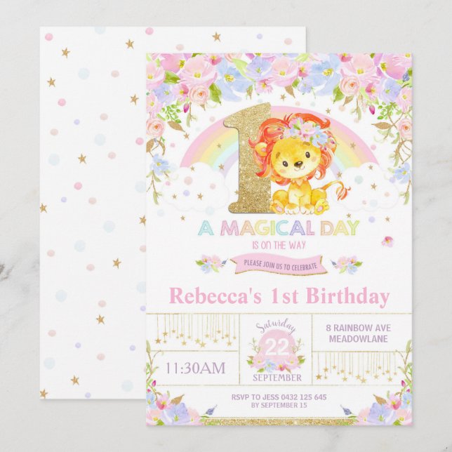 Cute Lion Anniversaire Fête Invitation Fille Flora (Devant / Derrière)