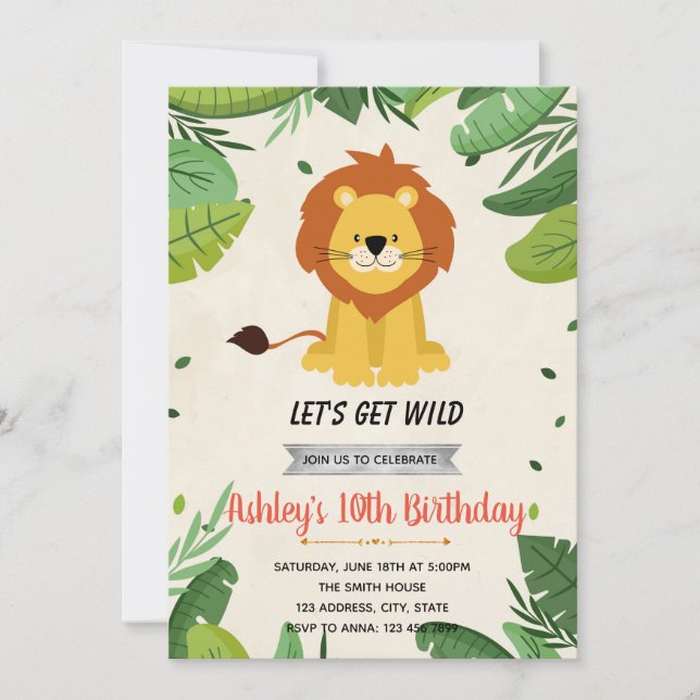 Cute lion birthday party invitation (Front)