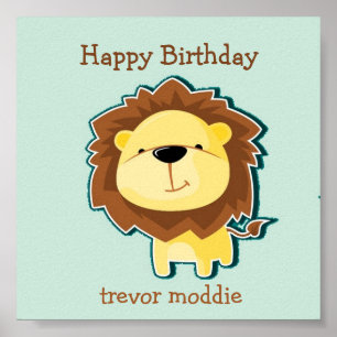 Cute lion blue pattern birthday poster