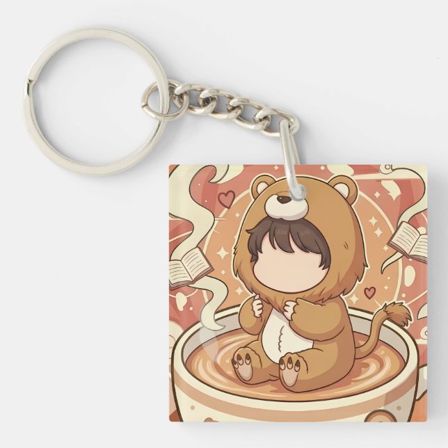 Cute Lion Boy Drinking Coffee Keychain (Front)