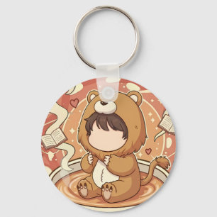 Cute Lion Boy Drinking Coffee Keychain
