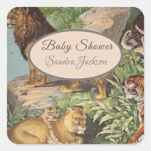 Cute Lion Cat jungle Dusty Blue Boyl Baby Shower Square Sticker (Front)