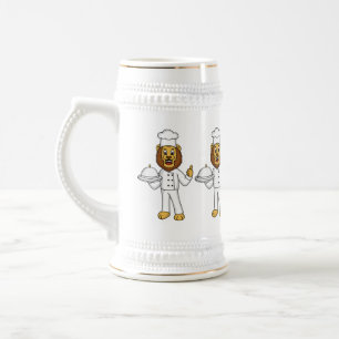 Cute lion chef cartoon illustration beer stein
