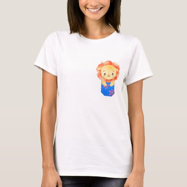 Cute Lion Cub in a Printed Blue Pocket T-Shirt (Front)