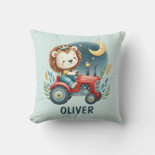 Cute Lion Cub on Red Tractor at Night Throw Pillow