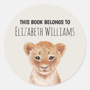Cute Lion Cub Personalized Name School  Classic Round Sticker