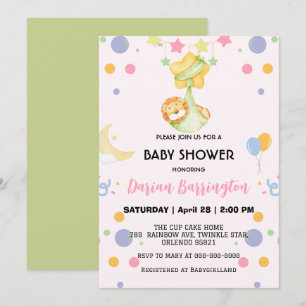 Cute Lion cub star balloon baby shower party girls Invitation